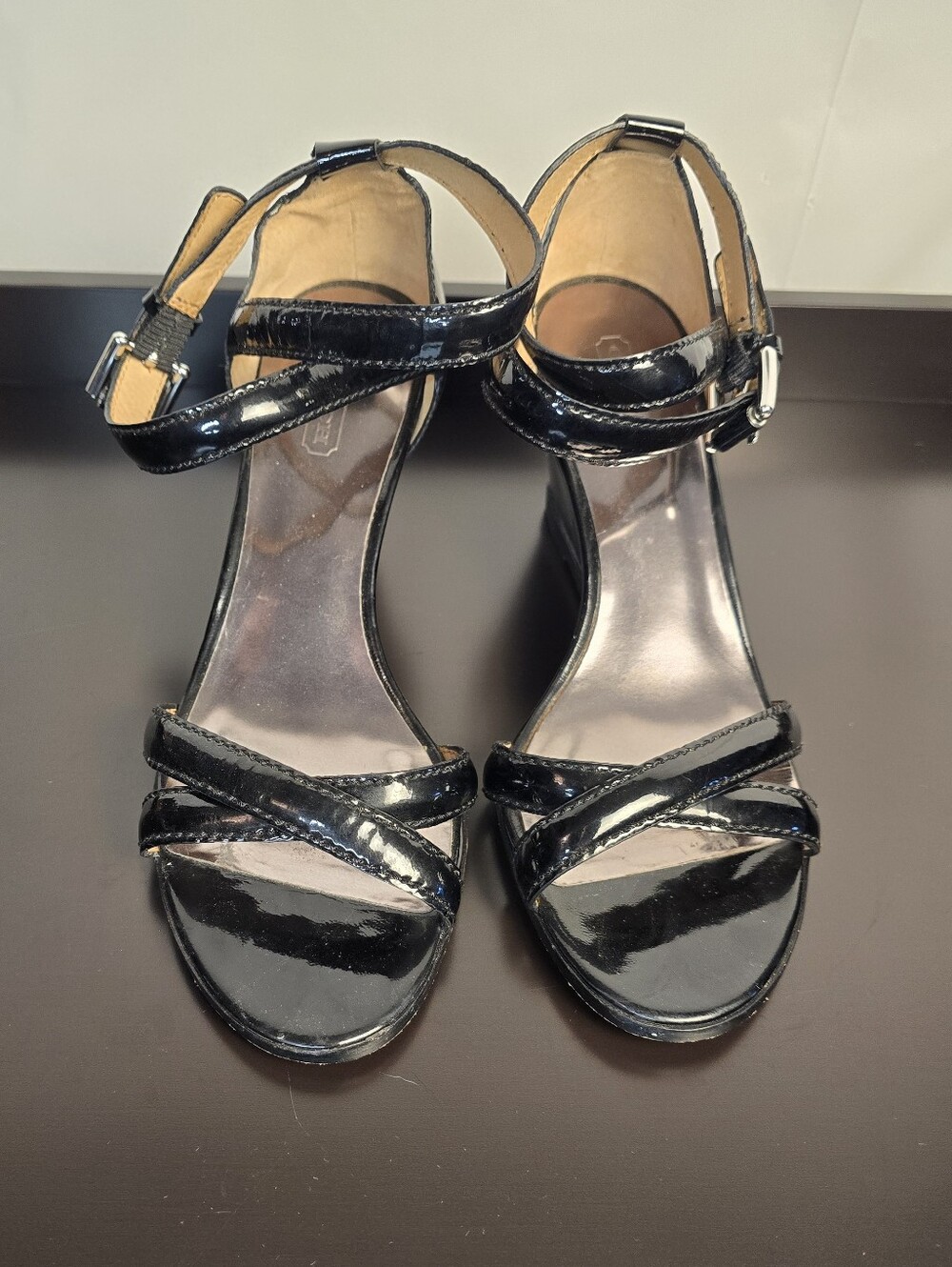 Coach Coretta Criss Cross Wedge Sandal Heels In Size 8.5 Black Patent Leather